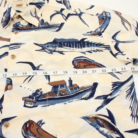 Kahala Men's SS Button Shirt Hawaiian Fishes Theme Large Beige - Picture 7 of 7